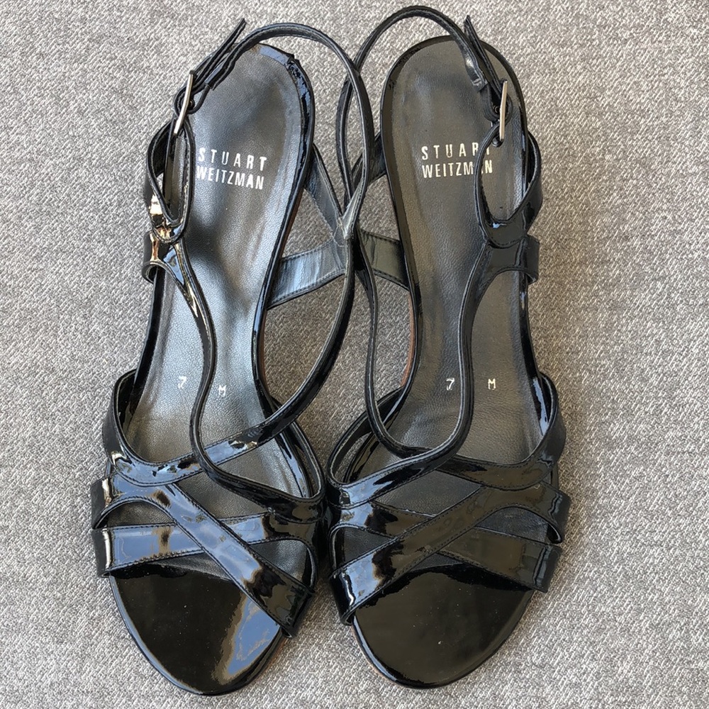 STUART WEITZMAN - Operetta Black Patent  Leather Heeled Sandals - Picture 8 of 12